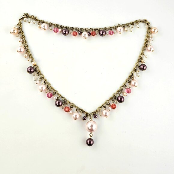 Faux Pearl Charm Necklace Gold Tone Double Clasp Multicolor Beaded - Picture 2 of 10